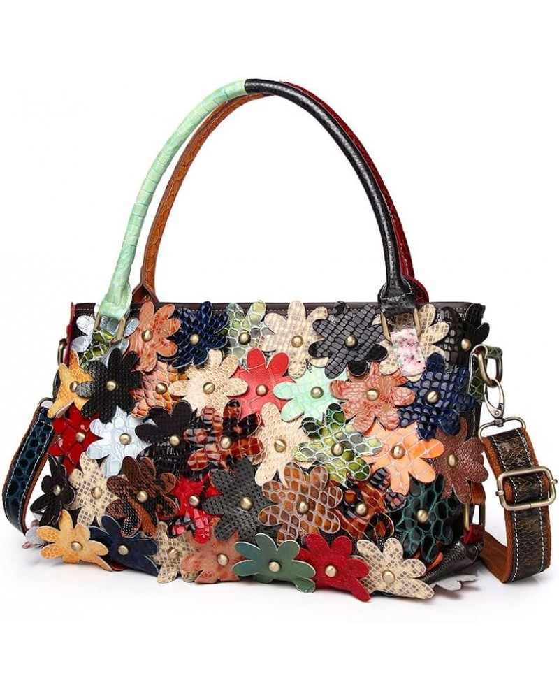 Women's Multicolor Flower Handbag Leather Random Splicing Shoulder Purse Satchel Multicoloured $34.30 Satchels