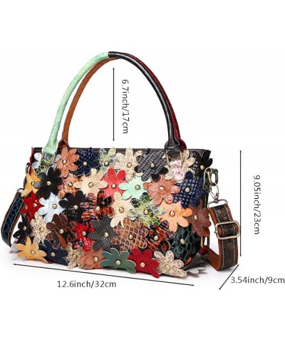 Women's Multicolor Flower Handbag Leather Random Splicing Shoulder Purse Satchel Multicoloured $34.30 Satchels