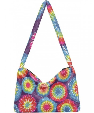 Rainbow Tie Dye Abstract Florals Flowers Fluffy Crossbody Bag Furry Tote Bags for Women Fuzzy Purse Handbag Lady Shoulder Bag...