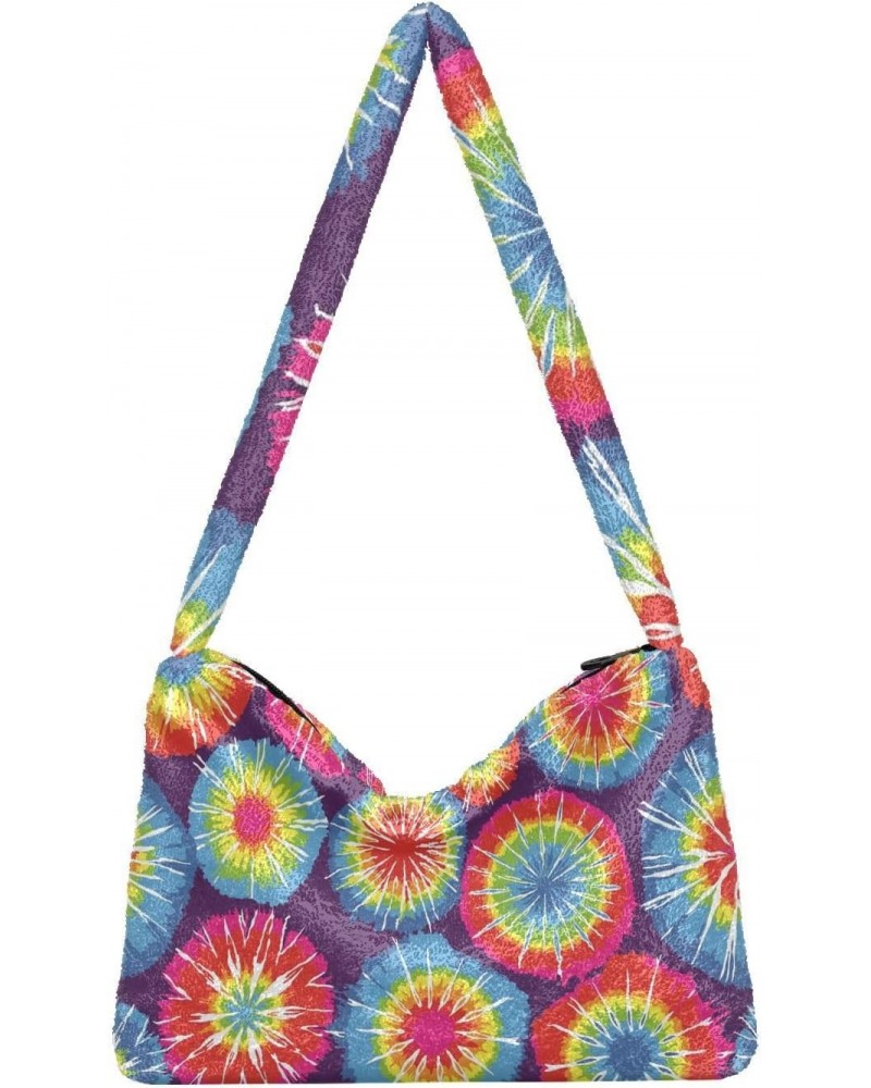 Rainbow Tie Dye Abstract Florals Flowers Fluffy Crossbody Bag Furry Tote Bags for Women Fuzzy Purse Handbag Lady Shoulder Bag...