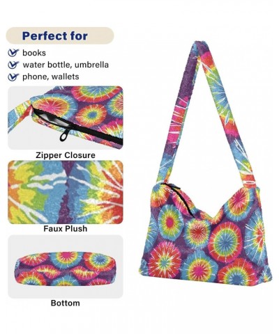 Rainbow Tie Dye Abstract Florals Flowers Fluffy Crossbody Bag Furry Tote Bags for Women Fuzzy Purse Handbag Lady Shoulder Bag...