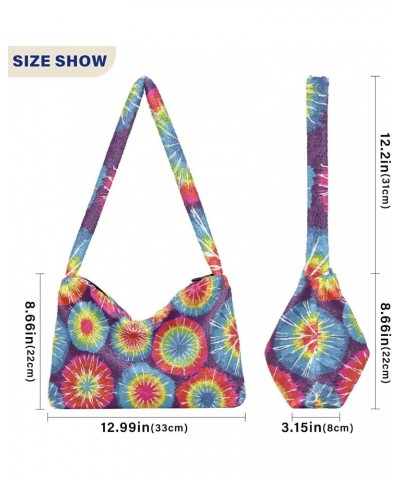 Rainbow Tie Dye Abstract Florals Flowers Fluffy Crossbody Bag Furry Tote Bags for Women Fuzzy Purse Handbag Lady Shoulder Bag...