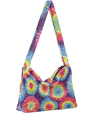 Rainbow Tie Dye Abstract Florals Flowers Fluffy Crossbody Bag Furry Tote Bags for Women Fuzzy Purse Handbag Lady Shoulder Bag...