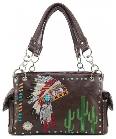 Native American Chieftain Cactus Feathers Embroidered Studded CCW Concealed Carry Shoulder Purse Handbag Brown Handbag Only $...