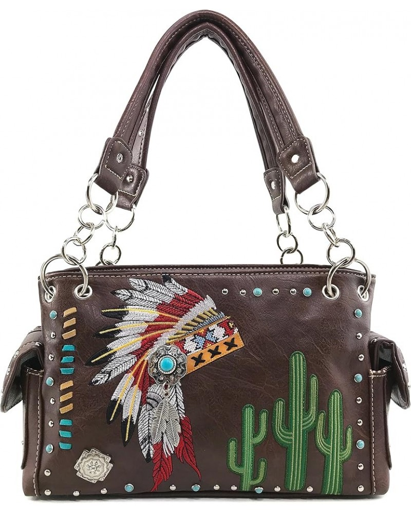 Native American Chieftain Cactus Feathers Embroidered Studded CCW Concealed Carry Shoulder Purse Handbag Brown Handbag Only $...