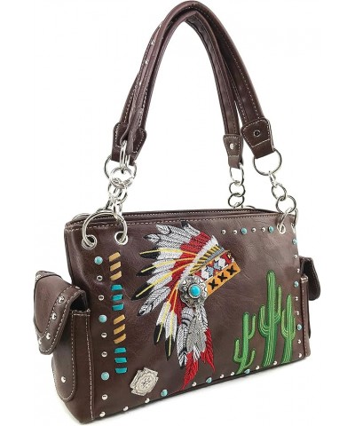 Native American Chieftain Cactus Feathers Embroidered Studded CCW Concealed Carry Shoulder Purse Handbag Brown Handbag Only $...