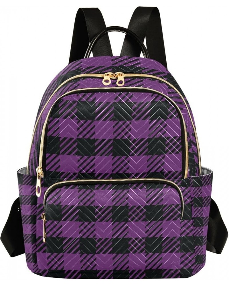 Women Backpack Black Purple Plaid Anti-Theft Travel Backpack with Luggage Belt Lightweight Handbag Lady Purse Roomy Double Zi...