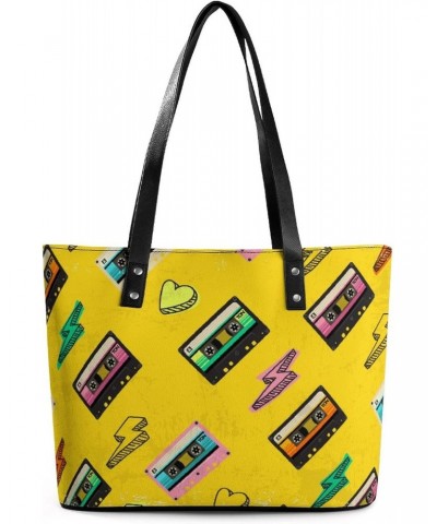 Womens Handbag Cassette Tape Patterns Leather Tote Bag Top Handle Satchel Bags For Lady $16.45 Totes