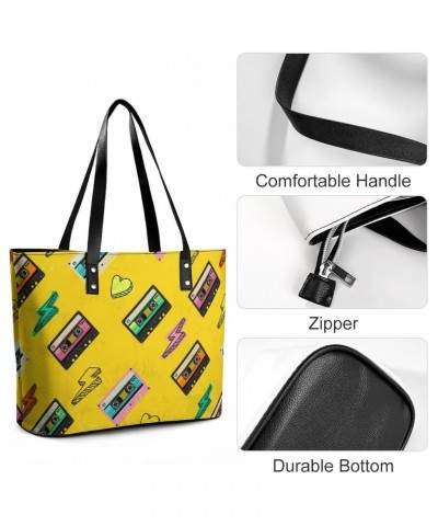 Womens Handbag Cassette Tape Patterns Leather Tote Bag Top Handle Satchel Bags For Lady $16.45 Totes