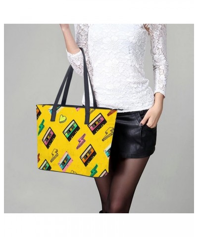 Womens Handbag Cassette Tape Patterns Leather Tote Bag Top Handle Satchel Bags For Lady $16.45 Totes