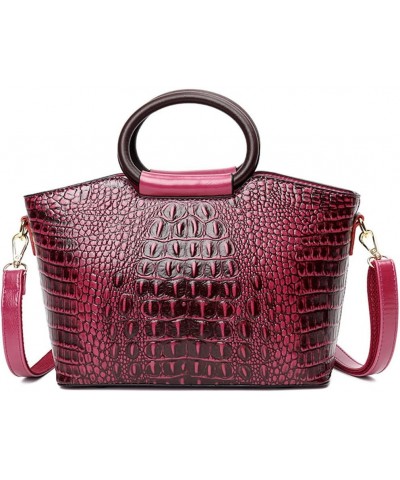 Women Handbags Purse PU Leather Crocodile Pattern Satchel Bags Top Circular Handle Handbag Ladies Shoulder Bag Purplish Red P...