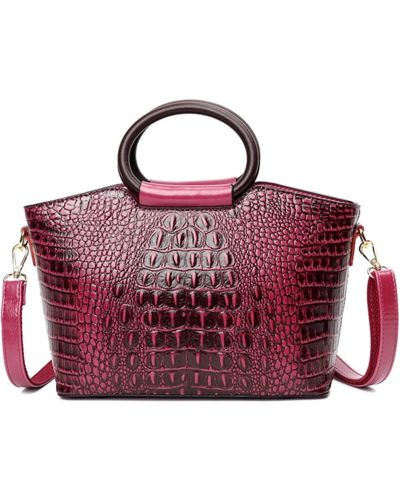 Women Handbags Purse PU Leather Crocodile Pattern Satchel Bags Top Circular Handle Handbag Ladies Shoulder Bag Purplish Red P...