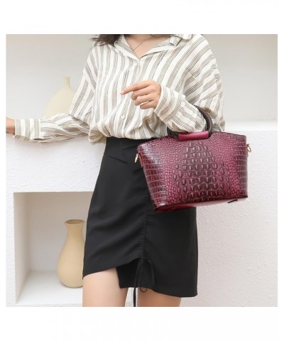 Women Handbags Purse PU Leather Crocodile Pattern Satchel Bags Top Circular Handle Handbag Ladies Shoulder Bag Purplish Red P...