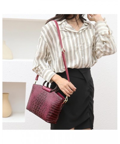 Women Handbags Purse PU Leather Crocodile Pattern Satchel Bags Top Circular Handle Handbag Ladies Shoulder Bag Purplish Red P...