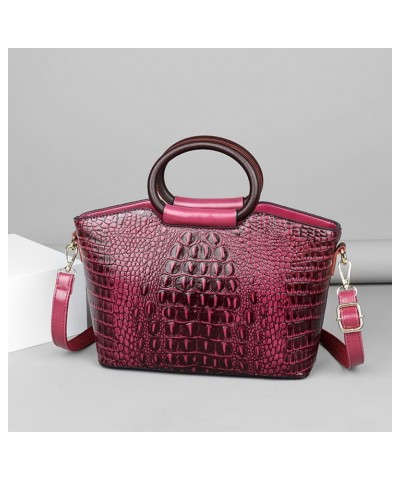 Women Handbags Purse PU Leather Crocodile Pattern Satchel Bags Top Circular Handle Handbag Ladies Shoulder Bag Purplish Red P...