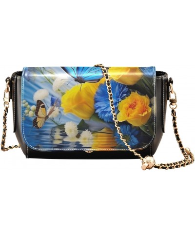 Blue & Yellow Flowers Leather Crossbody Bag for Women Small Handbag with Chain Strap, Flip-Top Crossbody Purse $22.79 Crossbo...