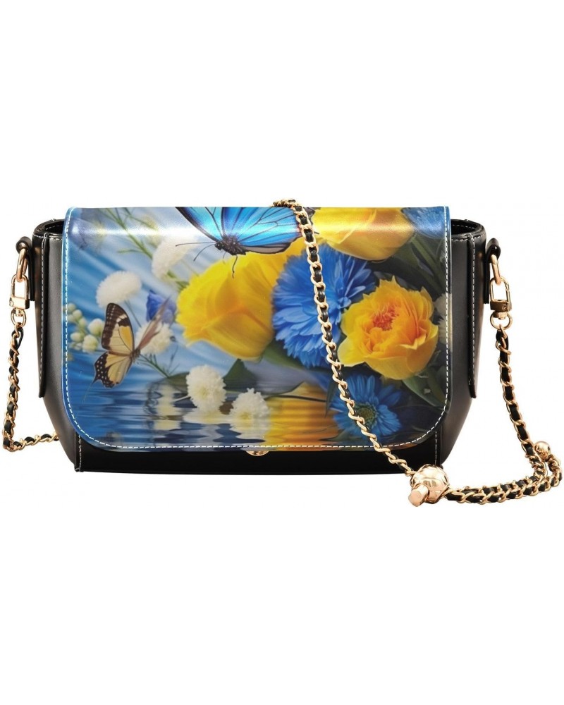 Blue & Yellow Flowers Leather Crossbody Bag for Women Small Handbag with Chain Strap, Flip-Top Crossbody Purse $22.79 Crossbo...