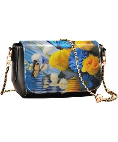 Blue & Yellow Flowers Leather Crossbody Bag for Women Small Handbag with Chain Strap, Flip-Top Crossbody Purse $22.79 Crossbo...