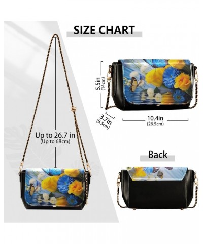 Blue & Yellow Flowers Leather Crossbody Bag for Women Small Handbag with Chain Strap, Flip-Top Crossbody Purse $22.79 Crossbo...