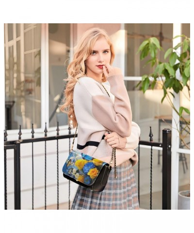 Blue & Yellow Flowers Leather Crossbody Bag for Women Small Handbag with Chain Strap, Flip-Top Crossbody Purse $22.79 Crossbo...