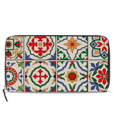 Watercolor Floral Flowers on White Seamless Pattern Leather Long Wallet Organizer with Zipper Purse Clutch Bag for Women Men ...