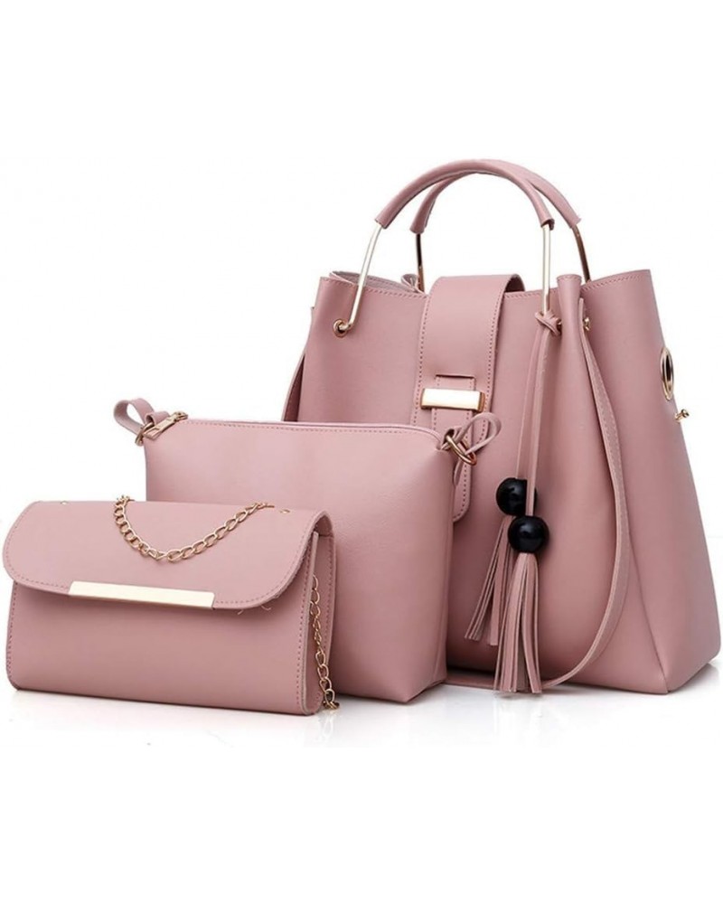 Women Handbag+Shoulder Bag+Purse 3pcs Set Tote Handbag Soft PU Leather Handbag Pink $41.84 Totes