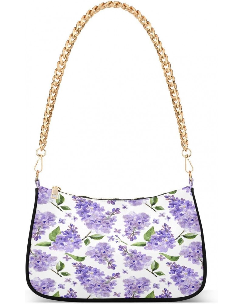 Watercolor Lilac Flowers Shoulder Handbags for Women Travel Hobo Tote Handbag Women Gold Chain Shoulder Bags Purse with Zippe...