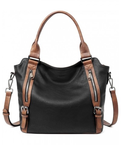 Purses for Women Vegan Leather Handbags Tote Purse Shoulder Bag Large Ladies Hobo Bags 1-black With Brown $22.00 Shoulder Bags