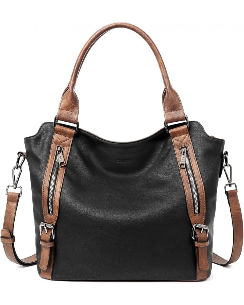 Purses for Women Vegan Leather Handbags Tote Purse Shoulder Bag Large Ladies Hobo Bags 1-black With Brown $22.00 Shoulder Bags