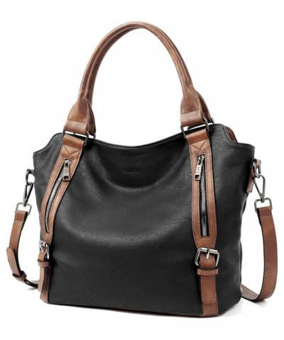 Purses for Women Vegan Leather Handbags Tote Purse Shoulder Bag Large Ladies Hobo Bags 1-black With Brown $22.00 Shoulder Bags