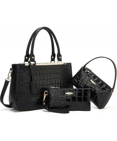 3-PC Women Crocodile Pattern Purse Artificial Leather Fashion Handbag+Shoulder Bag+Wristlets Wallet Black $41.74 Totes