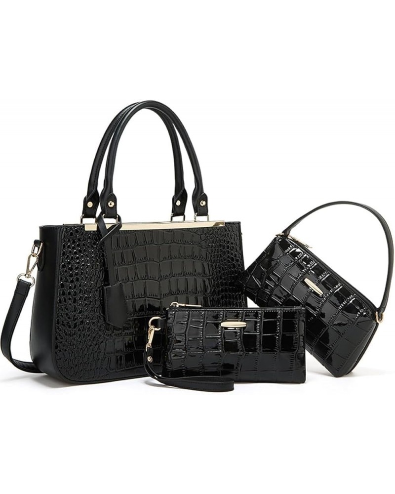 3-PC Women Crocodile Pattern Purse Artificial Leather Fashion Handbag+Shoulder Bag+Wristlets Wallet Black $41.74 Totes