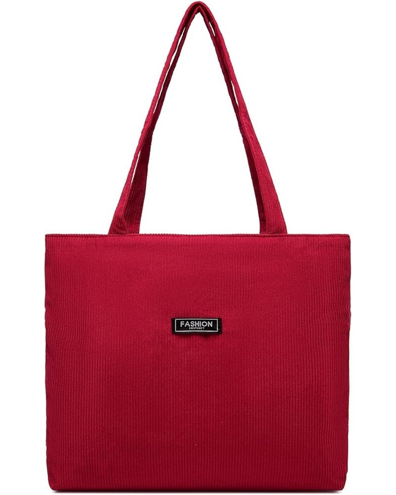 Corduroy Shoulder Bag for Women Large Capacity Tote Handbag Casual Zipper Tote Bag with Pockets Red $9.50 Shoulder Bags