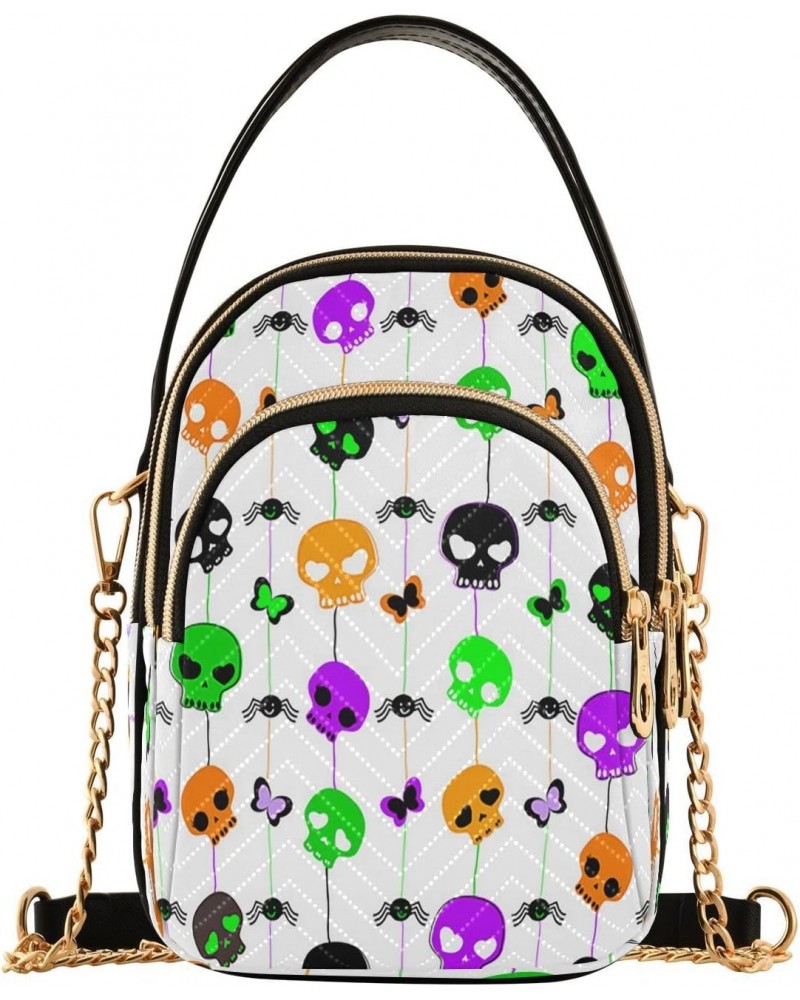 Halloween Skull Pattern Crossbody Bags for Women Quilted Chain Crossbody Purses Trendy Cute Spiders Butterflies Cross Body Ph...