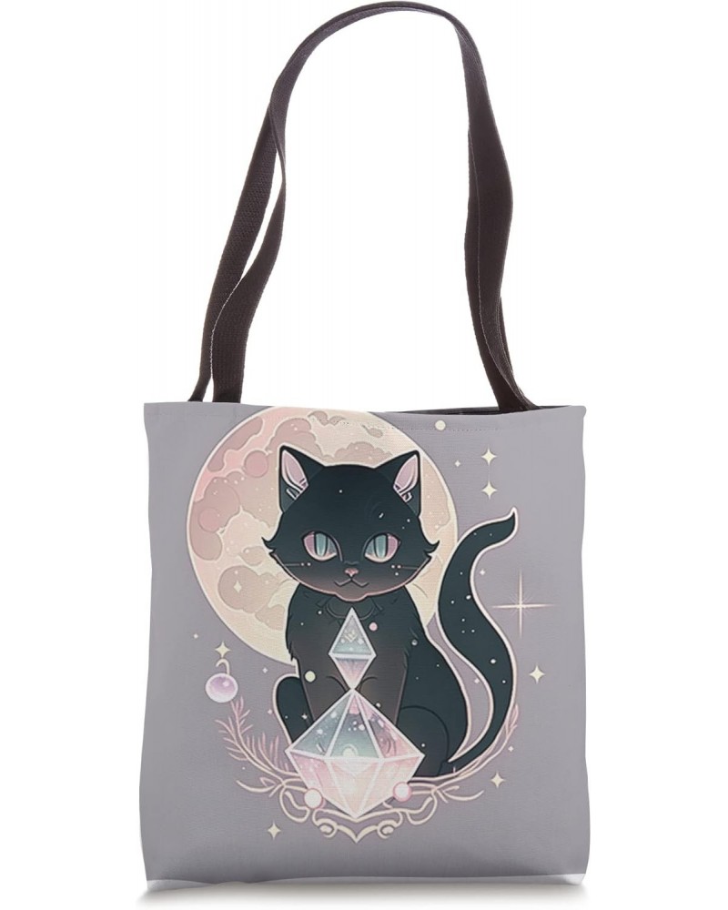 Witchy Cute Black Cat Kawaii Crystal Pastel Goth Moon Phases Tote Bag $12.49 Totes