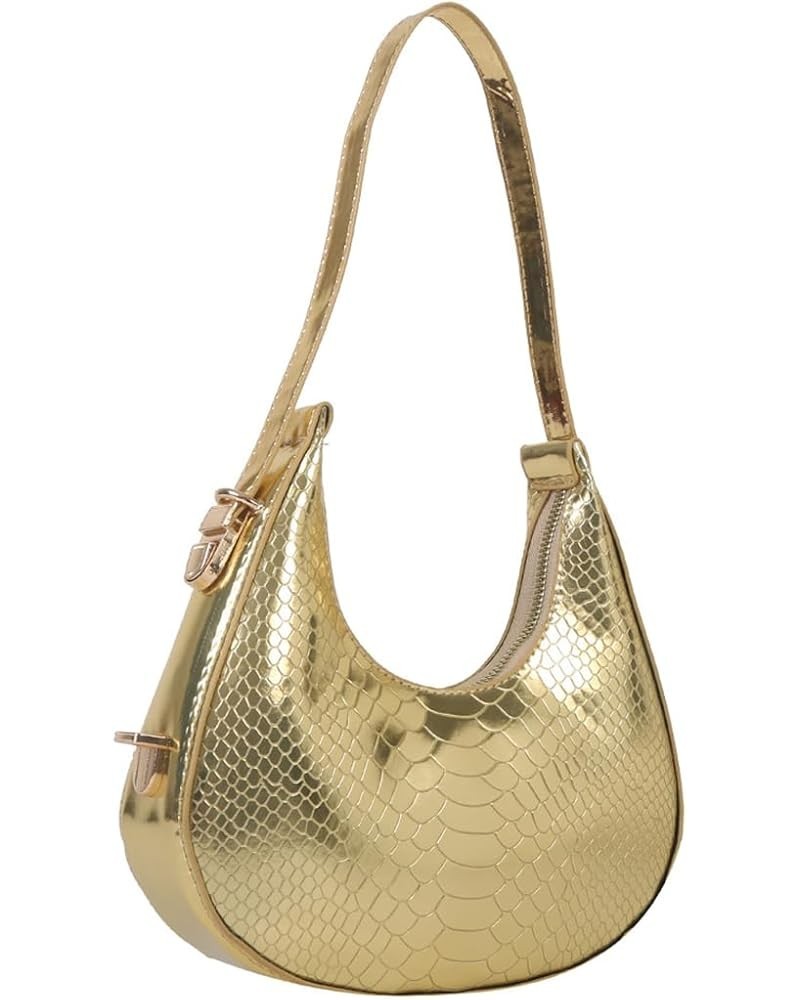 Women's Fashionable Crescent Hobo Bag Metallic Clutch Purse Crocodile Hobo Handbag Shoulder Purse Black One Size Plain Gold $...