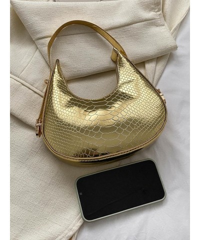 Women's Fashionable Crescent Hobo Bag Metallic Clutch Purse Crocodile Hobo Handbag Shoulder Purse Black One Size Plain Gold $...