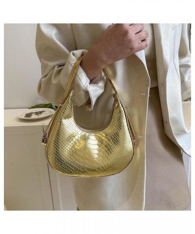 Women's Fashionable Crescent Hobo Bag Metallic Clutch Purse Crocodile Hobo Handbag Shoulder Purse Black One Size Plain Gold $...