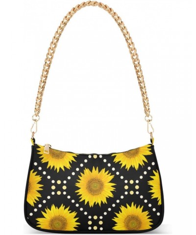 Sunflowers Black Shoulder Bag for Women Fabric Crescent Handbag with Zipper Chain Clutch Purses for Teen Girls Travel Party C...