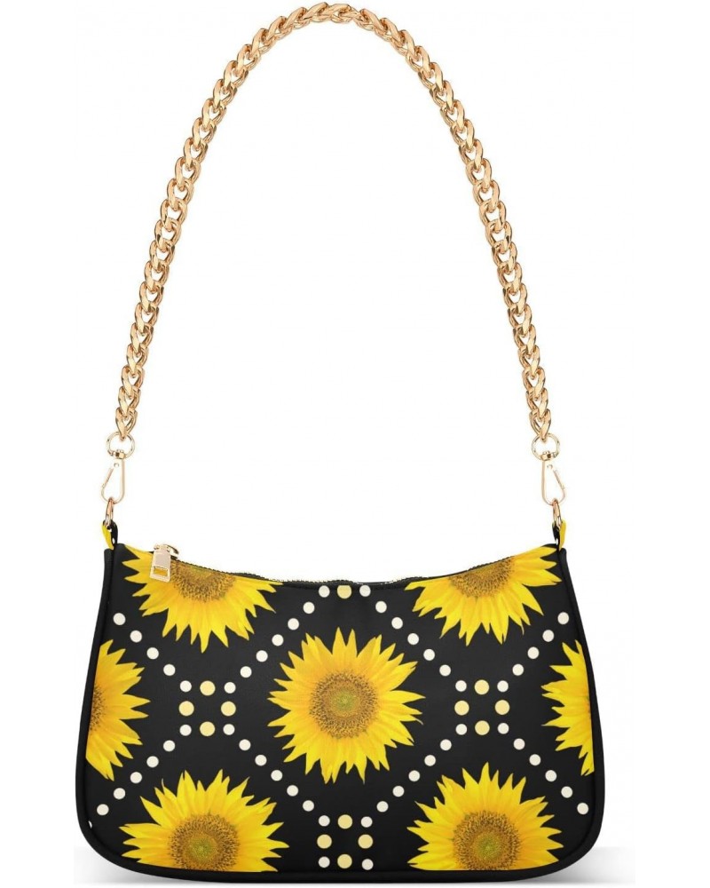 Sunflowers Black Shoulder Bag for Women Fabric Crescent Handbag with Zipper Chain Clutch Purses for Teen Girls Travel Party C...