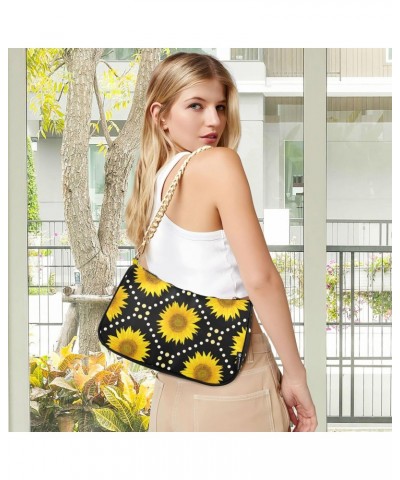 Sunflowers Black Shoulder Bag for Women Fabric Crescent Handbag with Zipper Chain Clutch Purses for Teen Girls Travel Party C...