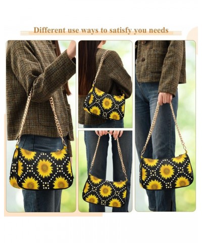 Sunflowers Black Shoulder Bag for Women Fabric Crescent Handbag with Zipper Chain Clutch Purses for Teen Girls Travel Party C...