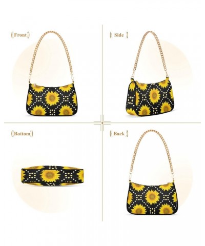 Sunflowers Black Shoulder Bag for Women Fabric Crescent Handbag with Zipper Chain Clutch Purses for Teen Girls Travel Party C...