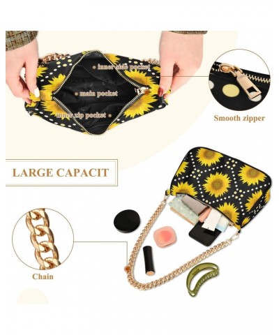 Sunflowers Black Shoulder Bag for Women Fabric Crescent Handbag with Zipper Chain Clutch Purses for Teen Girls Travel Party C...