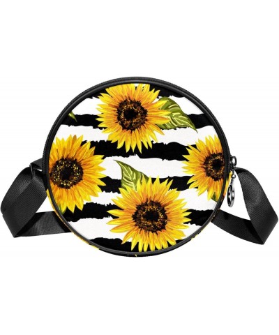 Sunflowers Black White Stripe Crossbody Bag for Women Teen Girls Round Canvas Shoulder Bag Purse Tote Handbag Bag $8.82 Totes