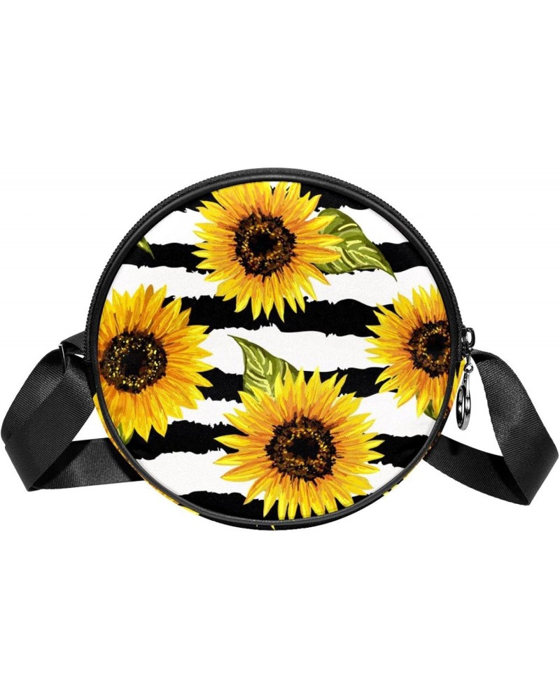 Sunflowers Black White Stripe Crossbody Bag for Women Teen Girls Round Canvas Shoulder Bag Purse Tote Handbag Bag $8.82 Totes