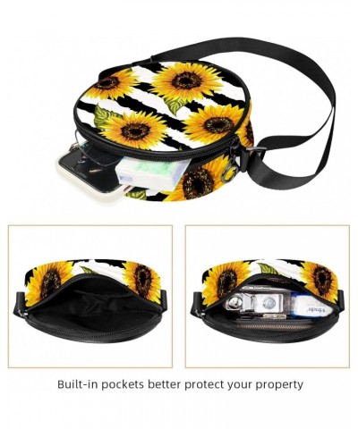 Sunflowers Black White Stripe Crossbody Bag for Women Teen Girls Round Canvas Shoulder Bag Purse Tote Handbag Bag $8.82 Totes