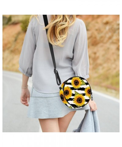 Sunflowers Black White Stripe Crossbody Bag for Women Teen Girls Round Canvas Shoulder Bag Purse Tote Handbag Bag $8.82 Totes