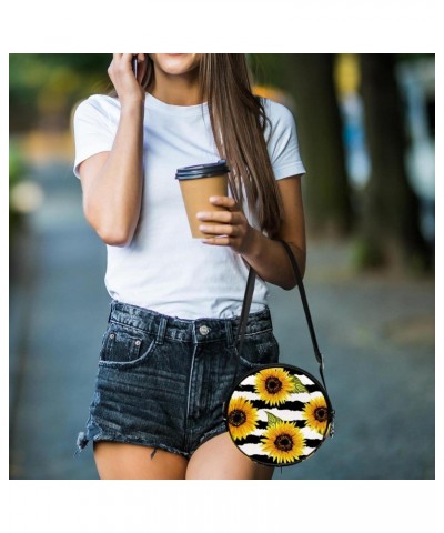 Sunflowers Black White Stripe Crossbody Bag for Women Teen Girls Round Canvas Shoulder Bag Purse Tote Handbag Bag $8.82 Totes