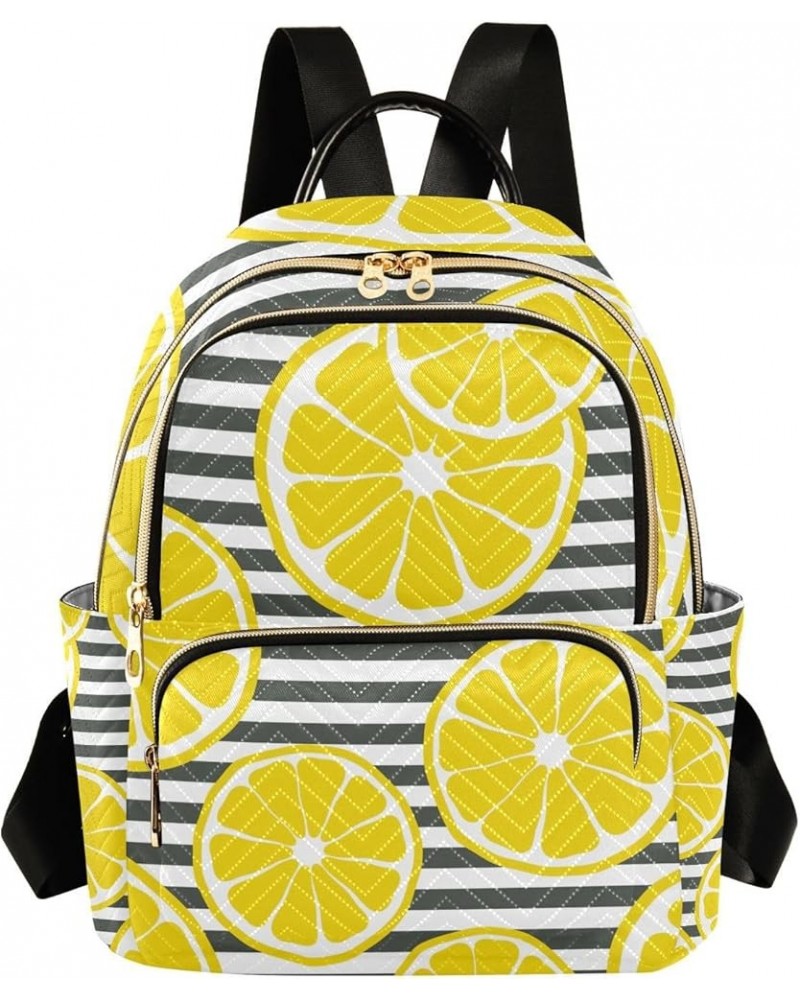 Women Backpack Tropical Yellow Lemon Blue Watercolor Lemon Green Leaves Lemon Slice Black Stripes Anti-Theft Travel Backpack ...